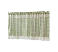 Vilgftyiet Cortina corta a cuadros para ventana, media cortina filtrante de luz con ribete de encaje de volantes, 150 x 60 cm para cocina y pequeña para ventanas (verde)