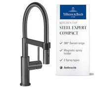 Villeroy & Boch Steel Expert Compact grifo cocina, altura 143mm - Antracita | Función de conmutación, caño giratorio de 360° con muelle en espiral, chorro laminar, alta presión, 92730005
