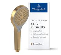 Villeroy & Boch Verve Showers Cabezal de ducha - Ducha de mano con 3 modos de chorro, limpieza EasyClean, ahorro de agua, antirreflujo, conexión universal - Oro cepillado