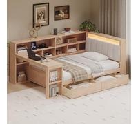 VilroCaz Moderno sofá cama de tamaño matrimonial con estanterías en forma de L y escritorio, marco de cama esquinero de madera con 2 cajones y cabecero tapizado para oficina, sala de estar, dormitorio