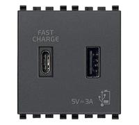 Vimar 20295.AC Eikon Alimentador para dispositivos electrónicos, 1 salida USB tipo A y 1 salida USB tipo C que suministran un total de 3 A, alimentación 120-240 V, 2 módulos, gris