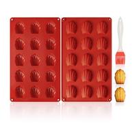 VINATO 2 Piezas Moldes de Silicona para Magdalenas con Brocha, 15 Cavidades Antiadherentes, Sin BPA, Moldes en Forma de Concha para Pasteles, Ideales para Chocolate, Galletas y Budines, Rojo