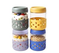 VINATO 4 Piezas Tarros de Cristal con Tapa y Funda de Silicona,500ml Tarros de Cristal con Tapa Hermética,Tarros de Avena Nocturna Reutilizables para Overnight Oats Yogur Mermelada Gachas Cereales