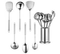 VINATO 7 Piezas Utensilios Cocina Acero INOX con Soporte | Juego de Cocina Rigida con Cuchara Sopera, Espumadera, Espátula para Pasta, Resistentes al Calor
