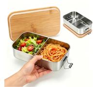VINATO Fiambrera Acero Inoxidable 700ml, Lunch Box Hermética con Tapa de Madera Fiambrera de Acero Inoxidable con Compartimentos Prueba de Fugas, Sin BPA, Bento Box para Oficina, Escuela y Viajes