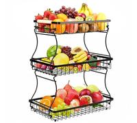 VINATO Frutero de 3 Niveles de Metal - Organizador Moderno con Asas de Madera, para Cocina, Baño & Más - Ideal para Frutas, Verduras & Almacenamiento, Negro