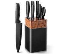 VINATO Juego de Cuchillos de Cocina, de 7 Piezas con Bloque y Afilador de Cuchillos Integrado, Set Cuchillos Cocina con 5 Cuchillos Diferentes y 1 par de Tijeras, Negro