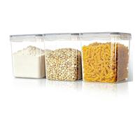 VINATO Set 3 Botes de Cocina 2,5L - Recipientes Herméticos Sin BPA con 24 Etiquetas y 3 Tazas Medidoras - Transparentes, Apilables - Para Cereales, Harina, Azúcar, Café