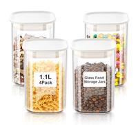 VINATO Set de 4 Botes de Cristal con Tapa (4 x 1,1L) - Tarros Herméticos Cuadrados para Harina, Especias, Cereales & Café, Almacenaje Cocina, Lavables en Lavavajillas