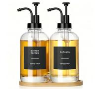 VINATO Set of 2 Dispensador de Aceite y Vinagre con Bandeja de Bambú,500 ml Dispensador de Jarabe de Café,Dispensador de Jarabe de Café con 36 Etiquetas,16 oz Botellas de Jarabe Vidrio para Cocina