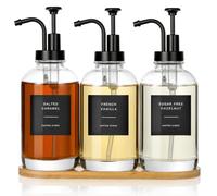VINATO Set of 3 Dispensador de Aceite y Vinagre con Bandeja de Bambú,500 ml Dispensador de Jarabe de Café,Dispensador de Jarabe de Café con 36 Etiquetas,16 oz Botellas de Jarabe Vidrio para Cocina