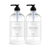 Vine Creations Clear Glass Soap Dispenser, 2 Pack Kitchen Soap Dispenser Set with Rustproof Pump, 16 oz Dish Soap and Hand Soap Dispensers for Bathroom with Waterproof Labels