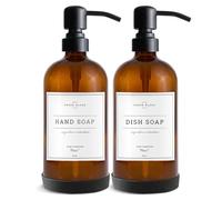Vine Creations Dispensador de jabón de Vidrio ámbar, Paquete de 2, Botellas Gruesas de 16 onzas, Bomba de Acero Inoxidable, Tarro Vintage Moderno de Granja, Accesorios de baño y Cocina, con Etiquetas
