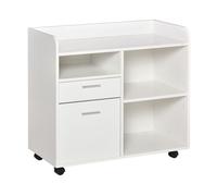 Vinsetto mueble de impresora carro multifuncional de oficina con 3 compartimentos 2 cajones para archivos estante ajustable ruedas con 2 frenos 80x40x72 cm blanco