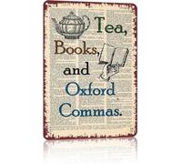 Vintage Metal Sign Tea Books Oxford Commas Wall Decor 8 X 12 in