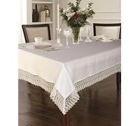 Violet Linen Legacy Cobblestone Design, Borde de Encaje de macramé, Jacquard de poliéster, Blanco, 70 x 160 Pulgadas, Asientos de 14 a 16 Pulgadas, manteles rectangulares
