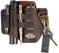 VIPERADE PJ16 Funda de Cuero EDC Organizador de Cuero Multiherramienta Hademade 3 Bolsillos Portador Herramienta cinturón Bolsa con Llavero para Linterna Cuchillo táctico bolígrafo - Marrón