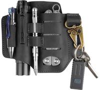 VIPERADE PJ16 Funda de Cuero EDC Organizador de Cuero Multiherramienta Hademade 3 Bolsillos Portador Herramienta cinturón Bolsa con Llavero para Linterna Cuchillo táctico bolígrafo - Negro