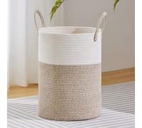 VIPOSCO Cesta grande para ropa sucia, cesta de almacenamiento de cuerda tejida alta para mantas, juguetes, ropa sucia en sala de estar, baño, dormitorio, 72 L, blanco y marrón