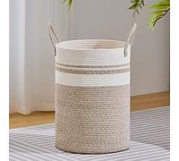 VIPOSCO Cesta grande para ropa sucia, cesta de almacenamiento de cuerda tejida alta para mantas, juguetes, ropa sucia en sala de estar, baño, dormitorio, 58 L, marrón y blanco