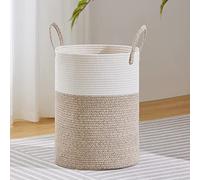 VIPOSCO Cesta grande para ropa sucia, cesta de almacenamiento de cuerda tejida alta para mantas, juguetes, ropa sucia en sala de estar, baño, dormitorio, 58 L, blanco y marrón