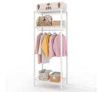 Virimolo Perchero de Pie Mini Metálico, 3 Estantes y 1 Barra Colgadora, Blanco, 60x40x180 cm, Ahorro de Espacio para Dormitorio y Salón