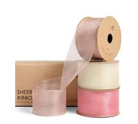 Vitalizart 3,8 cm x 27,4 m Cinta de Organza 3 Rollos x 9,14 m Rosa & Crema, Cinta de Tela Transparente para Envolver Regalos, Manualidades, Invitaciones de Boda, Ramos de Flores