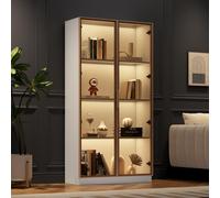 Vitrina con iluminación LED, de 80x40x160 cm, con dos puertas de cristal, estructura de tablero de partículas blanco y elementos de vidrio marrón, ideal para el salón