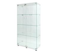 Vitrina de cristal con espejo LED blanca 4 niveles 164×80×36 cm, armario expositor de vidrio templado doble puerta para salón y oficina