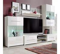 Vitrina de Pared Completa 5 Piezas con Luces LED, Mueble de TV y Estante, Madera de Ingeniería Blanco Mate, 240x40x195 cm, para Salón y Decoración