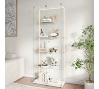 Vitrina de vidrio con 5 estantes, 2 puertas de exhibición con base de vidrio con LED y cerradura, gabinete moderno para colección de vasos, vitrina de exposición vertical para el salón (blanco-6B