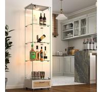 Vitrina de vidrio con iluminación LED y cristal templado, equipada con cuatro estantes interiores y un espacio de almacenamiento con cerradura, además de cajones. Librero con diseño compacto y ruedas,