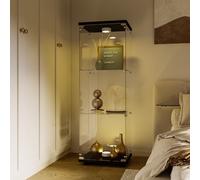 Vitrina de vidrio de tres capas con iluminación LED, elegante vitrina de vidrio negra para exhibir sus objetos de valor