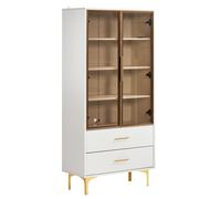 Vitrina Elegante de Vidrio con Dos Puertas, Patas Doradas y Estantes Ajustables, Iluminación LED Multicolor, 70x35x150 cm, Blanco