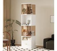 Vitrina giratoria con puertas de cristal templado, guías para cajones y tiradores dorados; armario vitrina con giradiscos; vitrina de pie; color blanco y marrón