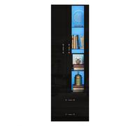 Vitrina LED negra con dos puertas, de 59,5 x 35 x 182 cm, armario vitrina alto con puerta de acrílico, cajones y estantes, ideal para el salón