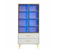 Vitrina moderna con luces led y estantes extraíbles - al. 150 cm - 2 puertas de cristal y 2 cajones - blanco
