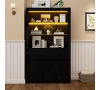 Vitrina negra con iluminación LED, de 100x35x170 cm, un armario vitrina alto con puertas de cristal y frente de alto brillo, ideal para el salón