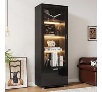 Vitrina negra con puertas de cristal y estantes iluminados con LED, y vitrina de acrílico con puertas negras y brillantes
