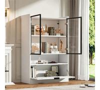 Vitrina okwish, mueble de salón con iluminación LED, armario de almacenamiento con 2 puertas de cristal y un espacio abatible, luz LED de 16 colores, amplio espacio de almacenamiento, color blanco