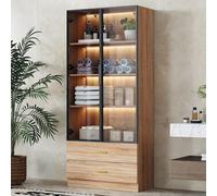 Vitrina STILVORA con iluminación LED, armario alto con 2 cajones grandes y 2 puertas de cristal, mueble de baño con compartimentos de almacenamiento, color marrón