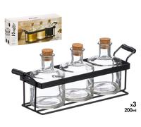 Vivalto Set de 3 Frascos con Tapón de Corcho 200 ml y Soporte Metálico