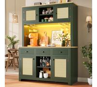 VIVCA Armario alto LED con sistema de iluminación, bloqueo antivuelco, ratán de polietileno, estantes y cajones ajustables, armario de almacenamiento vintage para cocina, salón, comedor, verde antiguo