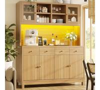 VIVCA Armario buffet alto 140 x 38,5 x 180 cm, puertas de cristal, 4 cajones, estantes ajustables, aspecto de madera natural, soporta hasta 100 kg