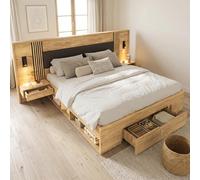 VIVCA Cama doble 180 x 200 cm, espacio de almacenamiento, con 2 mesitas de noche, con cajones, incluye colchón, color natural, natural
