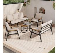 VIVCA Juego de salón de jardín con cojines cómodos, sofá de 3 plazas, sofá de 2 plazas, 2 sillones, 2 mesas de café, tapa de cristal lacado en mármol y tablero de madera de plástico, acero galvanizado