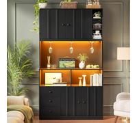 VIVCA Mueble de cocina alto de 180 cm, estante de cocina, botellero y vitrina para cocina y comedor, color negro y natural
