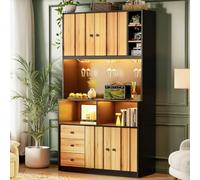 VIVCA Mueble de cocina alto de 180 cm, estante de cocina, botellero y vitrina para cocina y comedor, color negro y natural
