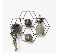 Vivol IVOL Estantería de pared de panal negro 40,5 x 58 cm, estantería de pared hexagonal de metal con 4 estantes de madera, estantería decorativa colgante, moderna estantería para decoración de pared
