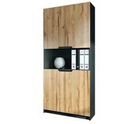 Vladon Armario Oficina Logan V2, Mueble Archivador con 5 Compartimentos y 4 Puertas, Negro Mate/Roble Natural (82 x 184 x 37 cm)